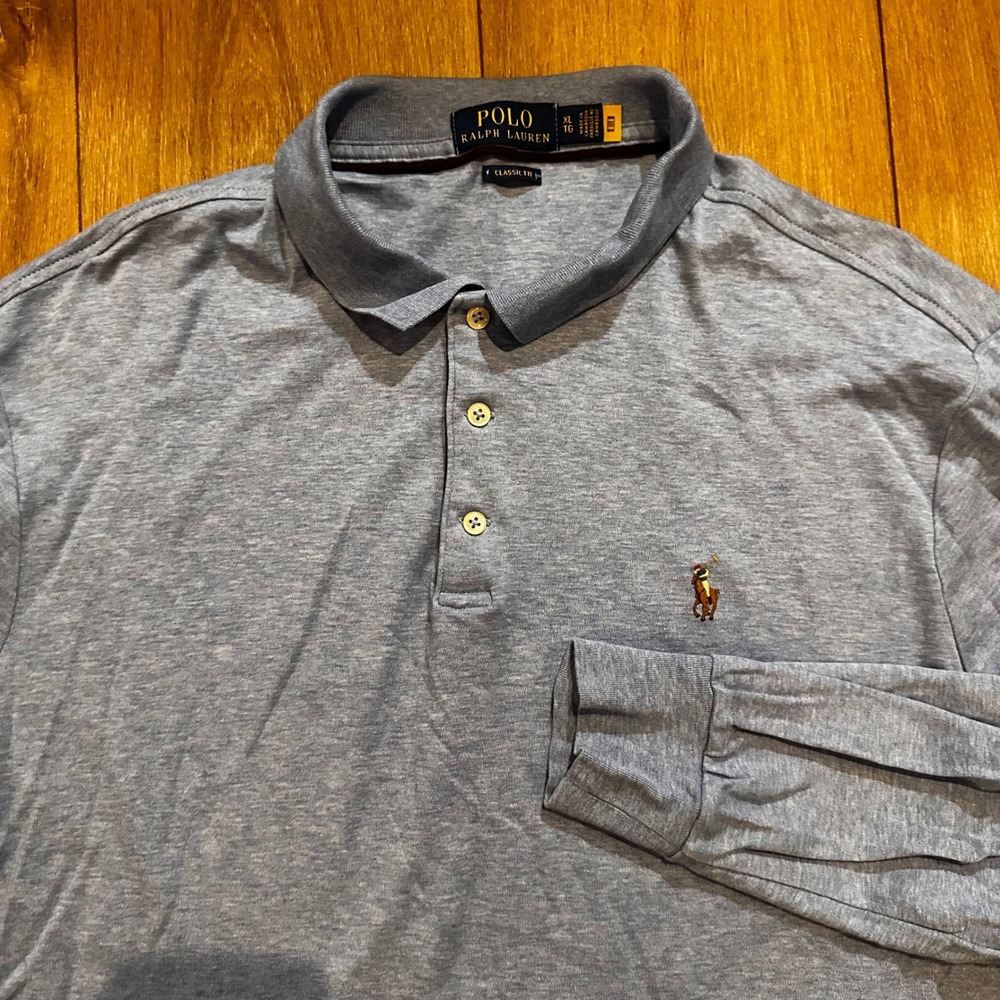 Polo Ralph Lauren Mens XL Classic Fit Long Sleeve Polo Shirt Light Blue Heather
